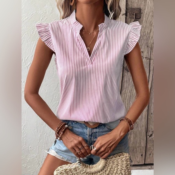 Pink Striped Ruffle Sleeve Top - Picture 4 of 5